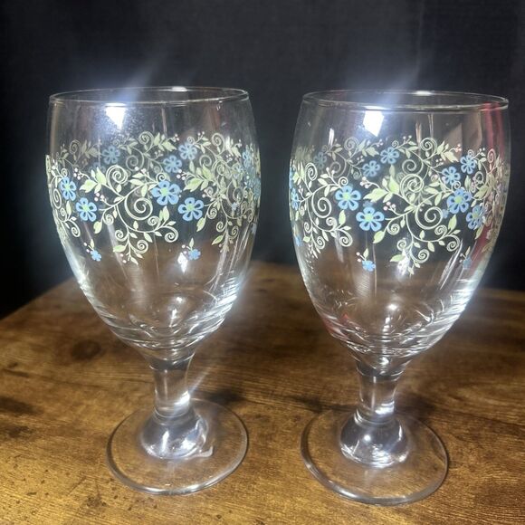LibbeSpring Floral Goblets Vintage 7” Water Tea Glasses – Blue Easter Drinkware - Picture 4 of 9